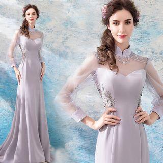 Mesh Panel Long-sleeve Embroidered Mermaid Evening Gown