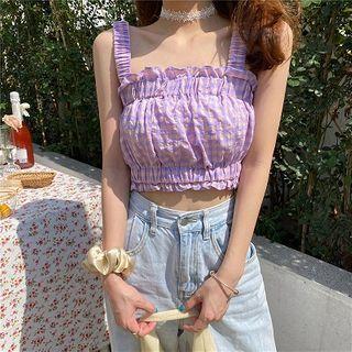 Wide Strap Gingham Ruffle Trim Cropped Top