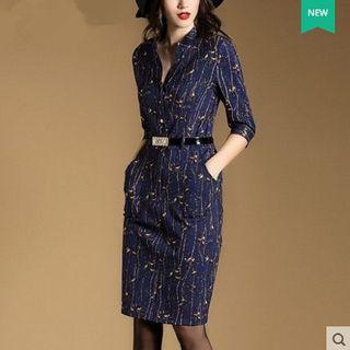 3/4-sleeve Floral Print Crewneck A-line Long Sheath Dress