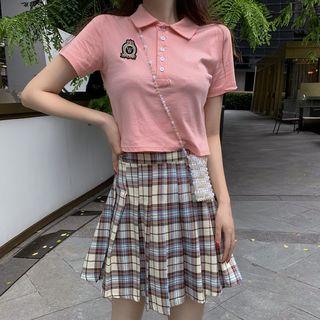 Short-sleeve Embroidered Polo Shirt / Plaid A-line Mini Pleated Skirt