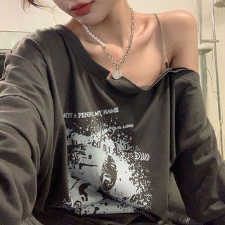 Long-sleeve Off-shoulder Print T-shirt