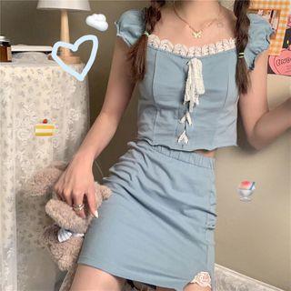 Sleeveless Lace Panel Blouse / Mini Fitted Skirt Top + Skirt - Blue - One Size