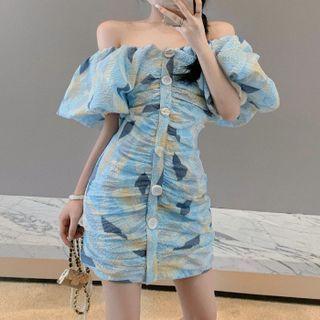 Puff-sleeve Print Off-shoulder Button-up Mini Dress