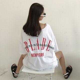 Ripped Lettering Elbow-sleeve Long T-shirt