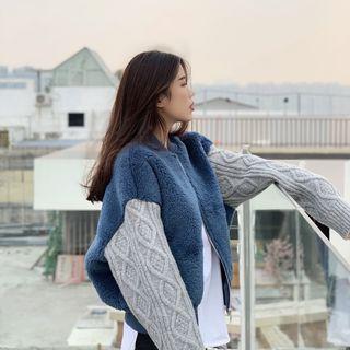 Color-block Fleece Panel Cable Knit Loose-fit Jacket As Figure - One Size