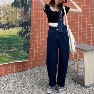 One-shoulder Denim Jumper Pants