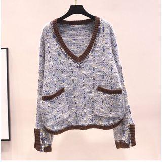 V-neck Pocketed Sweater As Shown In Figure - One Size