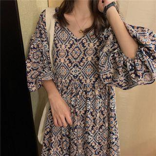 Puff-sleeve Print A-line Dress Blue - One Size