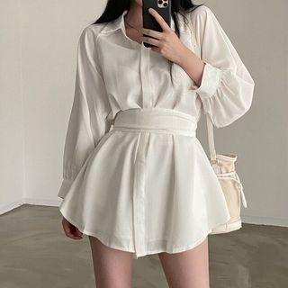 Set: Tie-waist Shirt + Shorts Set Of 2 - Shirt & Shorts - White - One Size