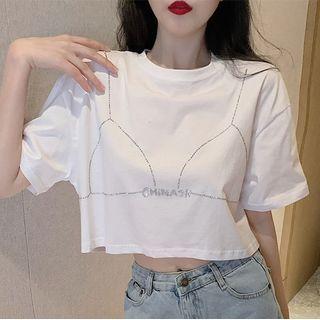 Short-sleeve Rhinestone Cropped T-shirt