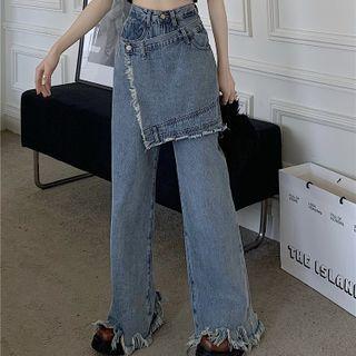 Fringed Trim Mock Two-piece Wide Leg Jeans