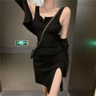 Open Front Long-sleeve T-shirt / Side-slit Mini Tank Dress