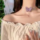 Fabric Butterfly Faux Pearl Rhinestone Choker Faux Pearl Choker - Butterfly - Purple - One Size
