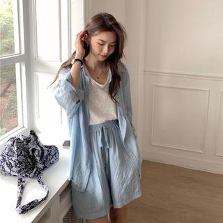 Set: Long Sleeve Plain Shirt / Wide-leg Shorts