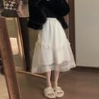 Fluffy Jacket / Mesh Overlay Midi A-line Dress