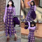 Plain Turtle-neck Long-sleeve Slim-fit Top / Plaid Sleeveless Dress