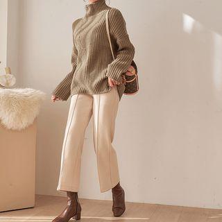 Mock-neck Drop-shoulder Rib-knit Sweater