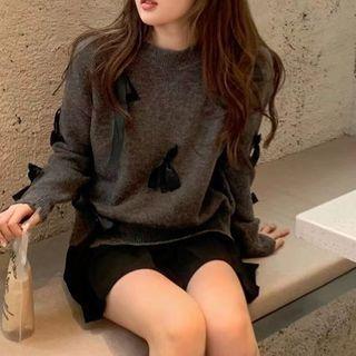 Long-sleeve Bow Knit Sweater Gray - One Size
