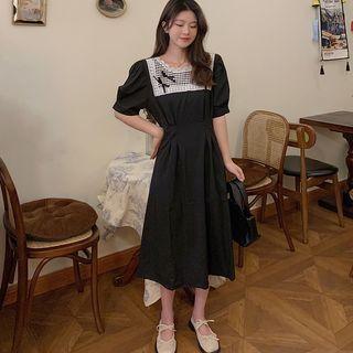 Puff-sleeve Square-neck Lace Panel Dress