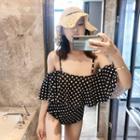 Elbow-sleeve Cold-shoulder Dotted Swimsuit