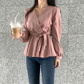 Wrap-front Tie-waist Long-sleeve Blouse