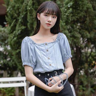 Short-sleeve Square-neck Denim Blouse