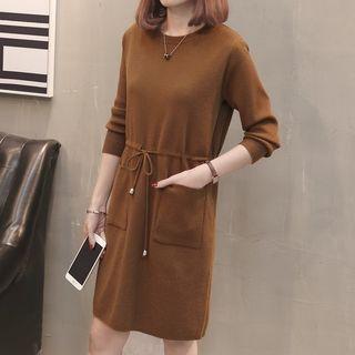 Drawstring Waist Long-sleeve Knit Dress