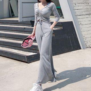 Set: Long-sleeve Drawstring T-shirt + Wide-leg Pants