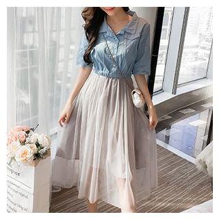 Mesh Hem Denim Elbow Sleeve Dress