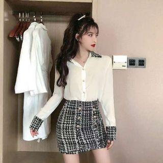 Long-sleeve Panel Shirt + High Waist Double-breasted Skirt