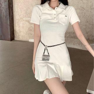 Short-sleeve Lettering Pleated Polo Shirt Dress