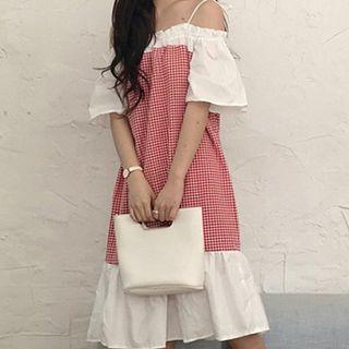 Gingham Off-shoulder Short-sleeve A-line Midi Dress