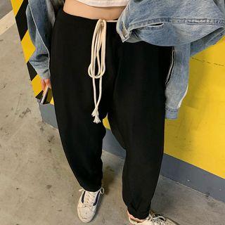 Drawstring Plain Sweatpants Black - One Size
