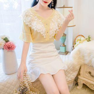 Short-sleeve Lace Trim Top / Mini Mermaid Skirt / Set