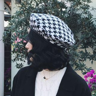 Houndstooth Beret Hat Houndstooth - Black & White - One Size