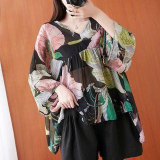 Floral 3/4-sleeve V-neck Blouse As Shown In Figure - One Size