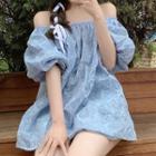 Off-shoulder Puff-sleeve Loose-fit Top Light Blue - One Size