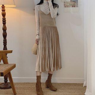 Set: Turtleneck Long-sleeve T-shirt + Midi Pinafore Dress Set Of 2 - One Size