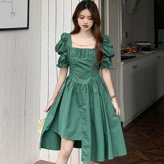 Puff-sleeve Square Neck Asymmetrical Hem Ruched Midi Dress