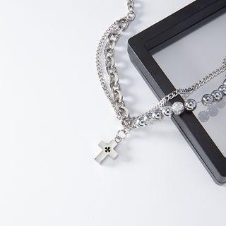 Cross Bead Stainless Steel Bracelet Silver - One Size