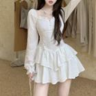 Long-sleeve Tiered Lace-up Mini A-line Dress