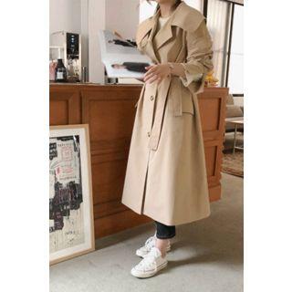 Capelet Long Coat With Sash Beige - One Size