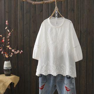 Embroidered Short-sleeved Top White - One Size