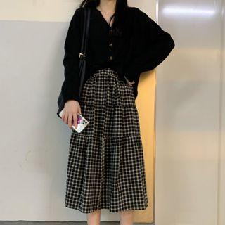 V-neck Cardigan / Checked Midi A-line Skirt