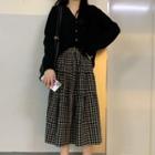 V-neck Cardigan / Checked Midi A-line Skirt