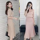 Set: Mock-neck Short-sleeve Knit Top + Band-waist Knit Skirt