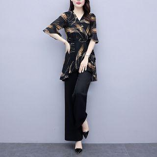 Set: Elbow-sleeve Print Blouse + Wide-leg Pants