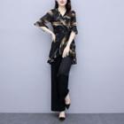 Set: Elbow-sleeve Print Blouse + Wide-leg Pants