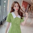 Short-sleeve Asymmetric Buttoned Crinkled A-line Mini Dress
