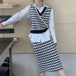 Set: Plain Shirt + Patterned Knit Vest + Midi Straight-fit Skirt